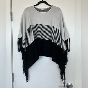 Greige Women’s Black and White Striped Fringe Poncho Sweater M